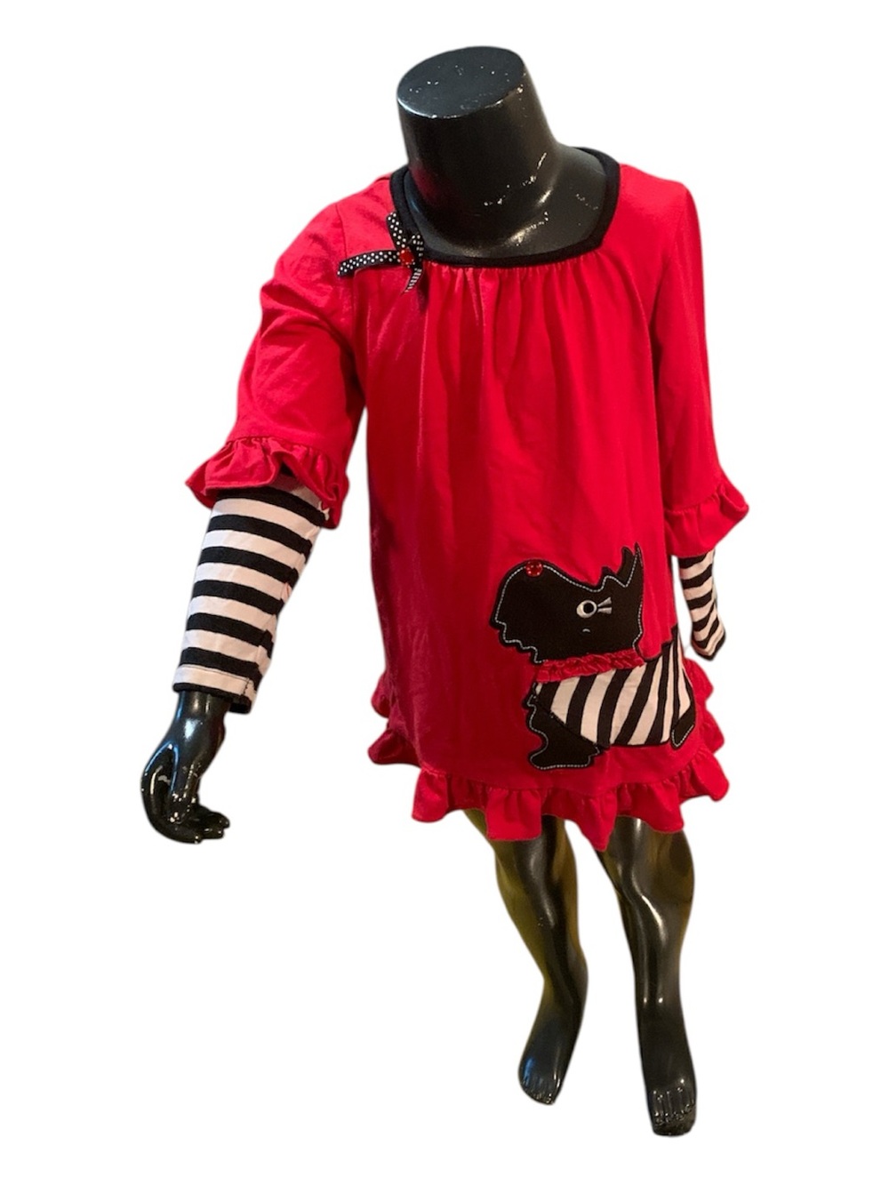 Red Girl's Long Sleeve Ruffle Dress with Striped Sleeves and a dog size 6